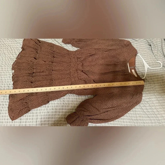 Mustard Seed High Neck Cinched Waist Tan Brown Polka Dot Ruffle Dress Sz M - Picture 10 of 10